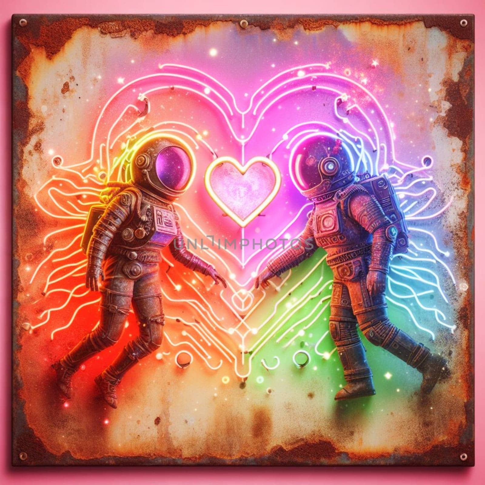 steampunk astronaut king and queen in love neon sign valentine illustration concept rusty background by verbano