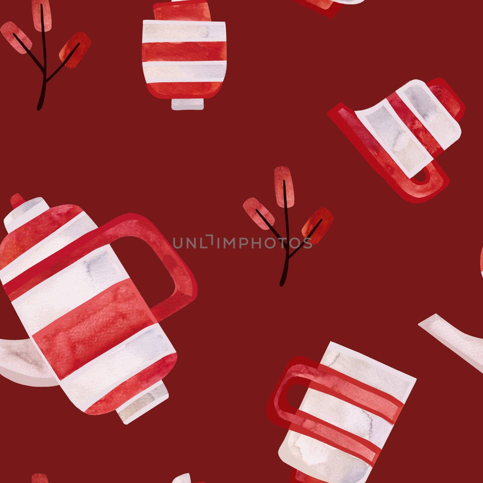 Watercolor seamless pattern with old-fashioned teapots and cups in red and white stripes. Pattern for seasonal wrapping paper, fabric, textiles, tablecloths and curtains in a tea cafe or coffee shop