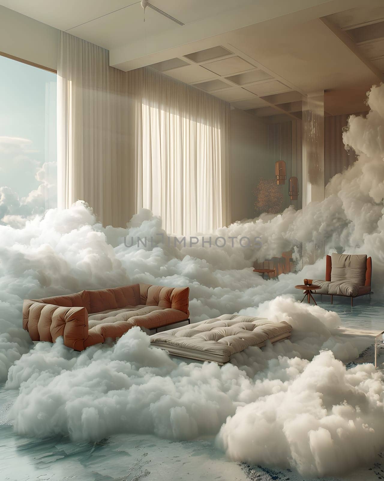 A living room with a couch and chairs surrounded by clouds, creating a Geological phenomenon. The flooring is made of wood, and the ceiling is like an art piece resembling a Wind wave event