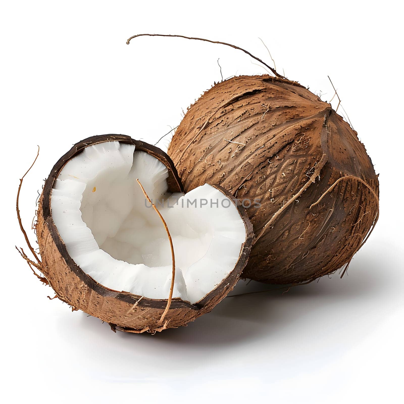 A coconut, a natural food ingredient, is cut in half on a white background, showcasing its plantbased, liverhealthy qualities as a treederived natural material