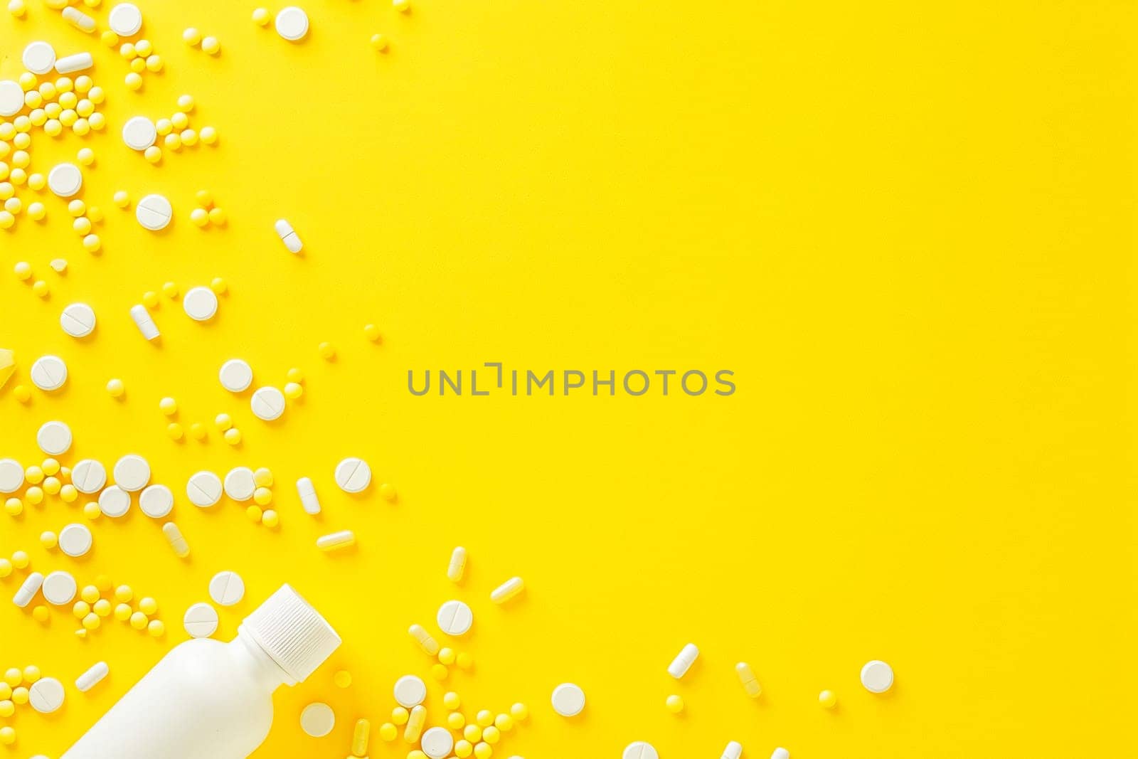 White medicine pills spilled from plastic pill bottle, on yellow background. Medicine creative concepts. Flat lay top view, copy space.