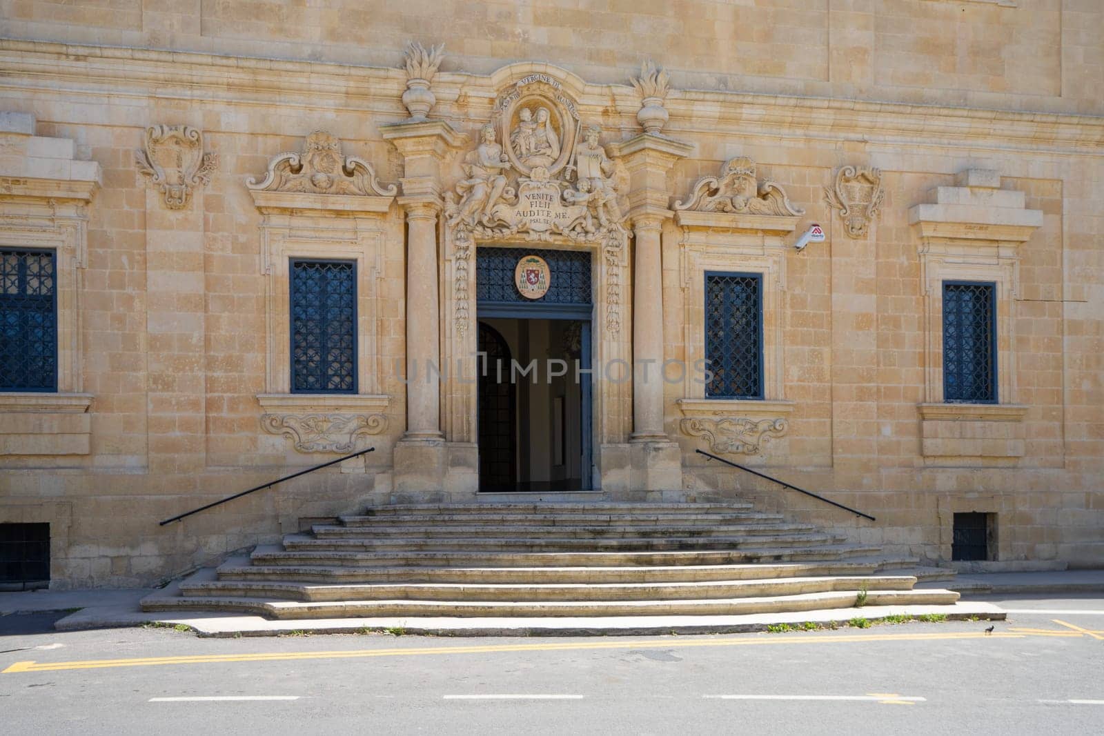 Valletta, Malta, April 03, 2024. Exterior view of the The maltese Archbishop's Curia in the city center
