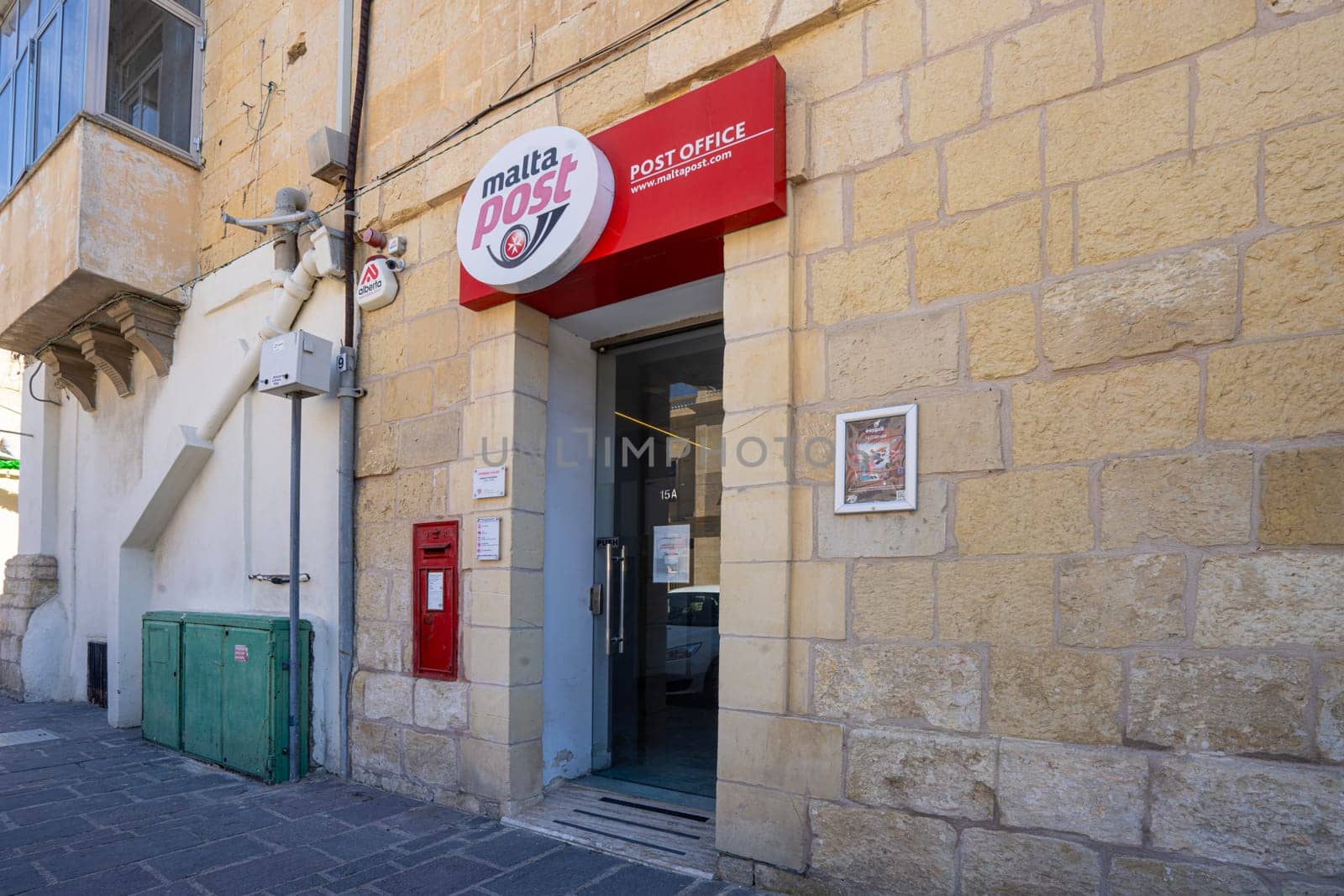 Valletta, Malta, April 03, 2024. exterior view with the sign of Malta Post Office in the city center