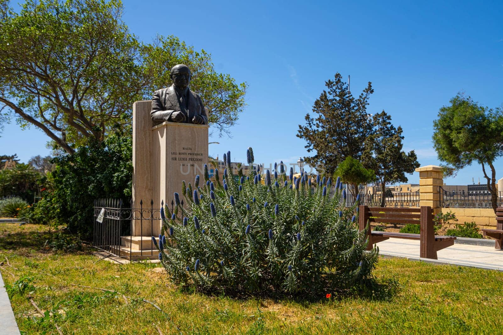 Valletta, Malta, April 03, 2024. theSir Luigi Preziosi bust at the Maglio gardens in the city center