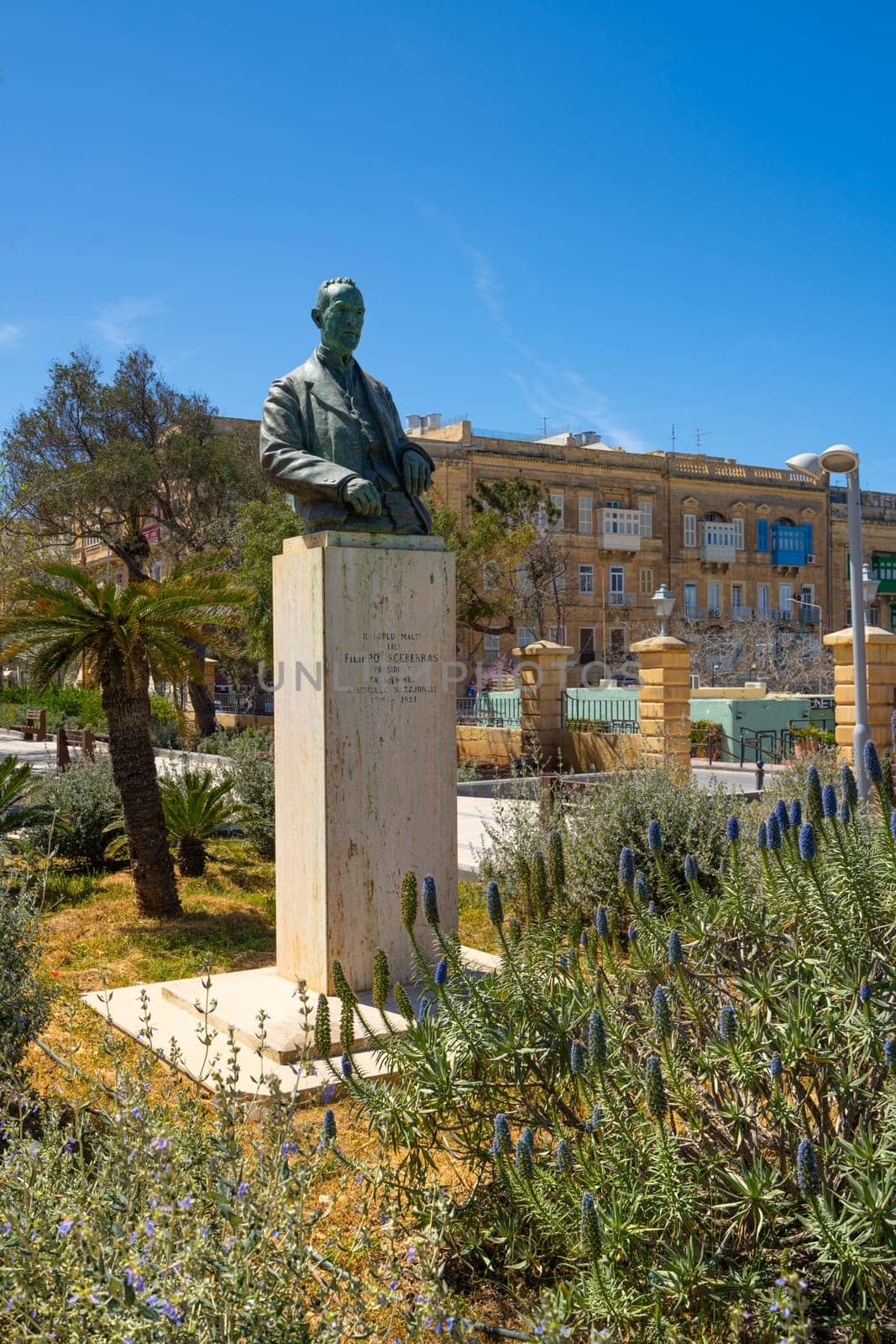 Valletta, Malta, April 03, 2024. The Filippo Sceberras statue at the Maglio gardens in the city center