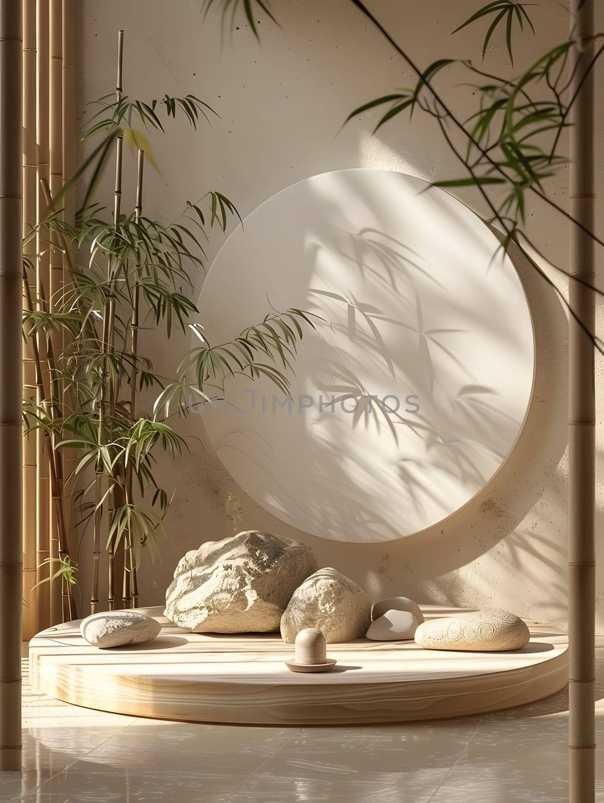 A room featuring a central circle surrounded by bamboo trees, rocks, and a variety of plants. The space is adorned with sculptures, branches, and twigs, creating a tranquil and natural atmosphere