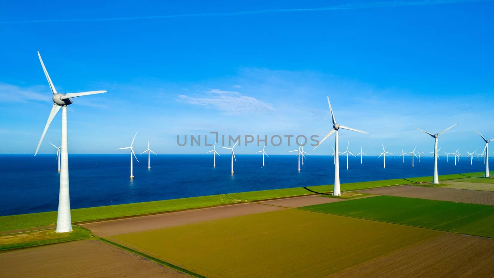 A stunning scene unfolds as a group of windmills stand tall in a field next to the ocean by fokkebok