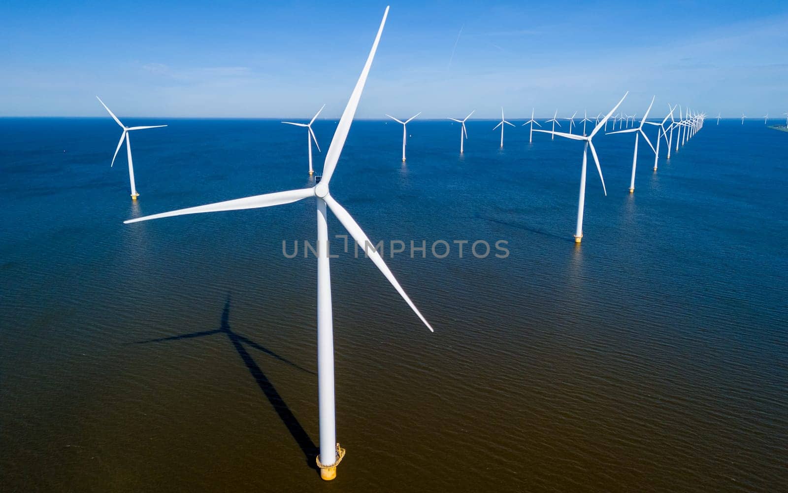 A group of elegant windmills hover gracefully above the calm, reflective surface of the water in Flevoland during the vibrant season of Spring by fokkebok