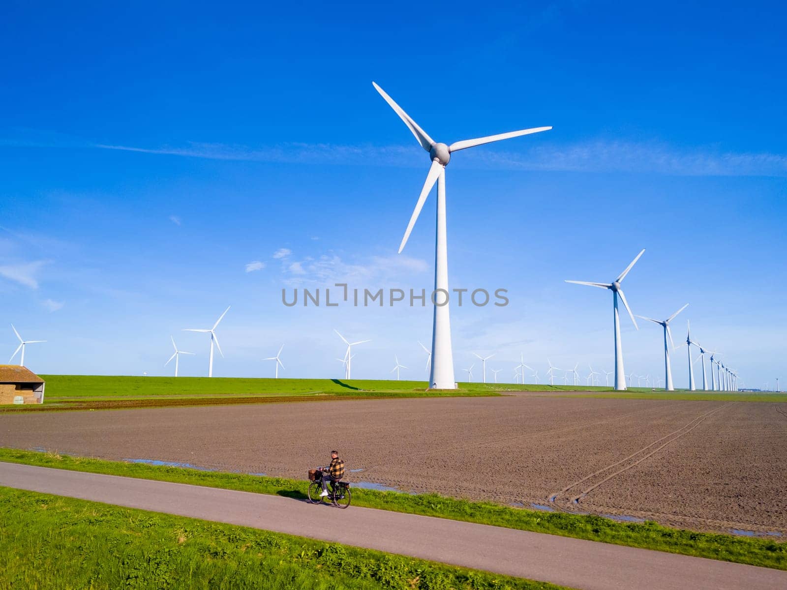 A picturesque scene of a wind farm in Flevoland, Netherlands, with multiple towering windmills rotating in the Spring breeze. windmill turbines, green energy, eco friendly, earth day
