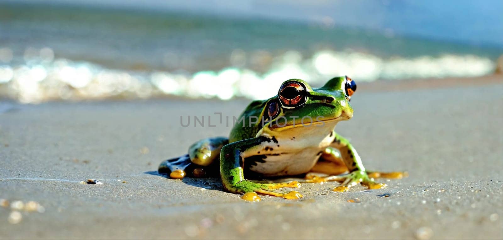 Green frog on the sea beach. Generative AI. High quality photo