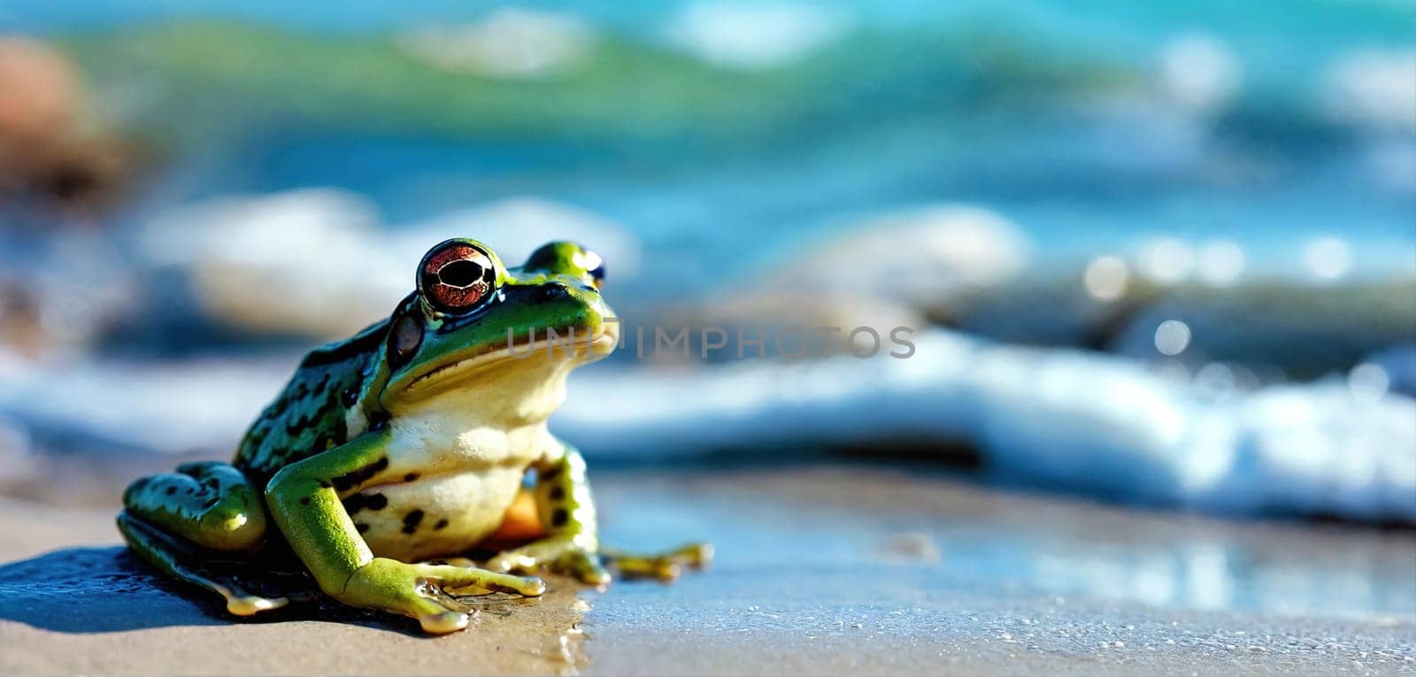 Green frog on the sea beach. Generative AI. High quality photo