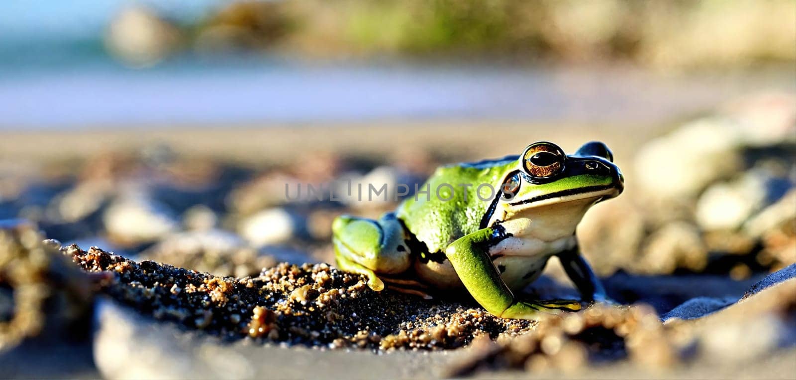 Green frog on the sea beach. Generative AI. High quality photo