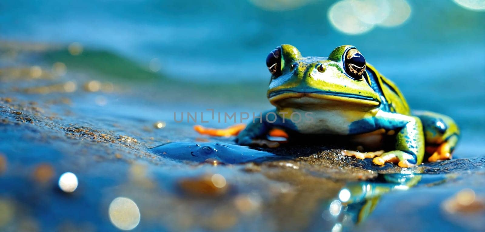 Green frog on the sea beach. Generative AI. High quality photo