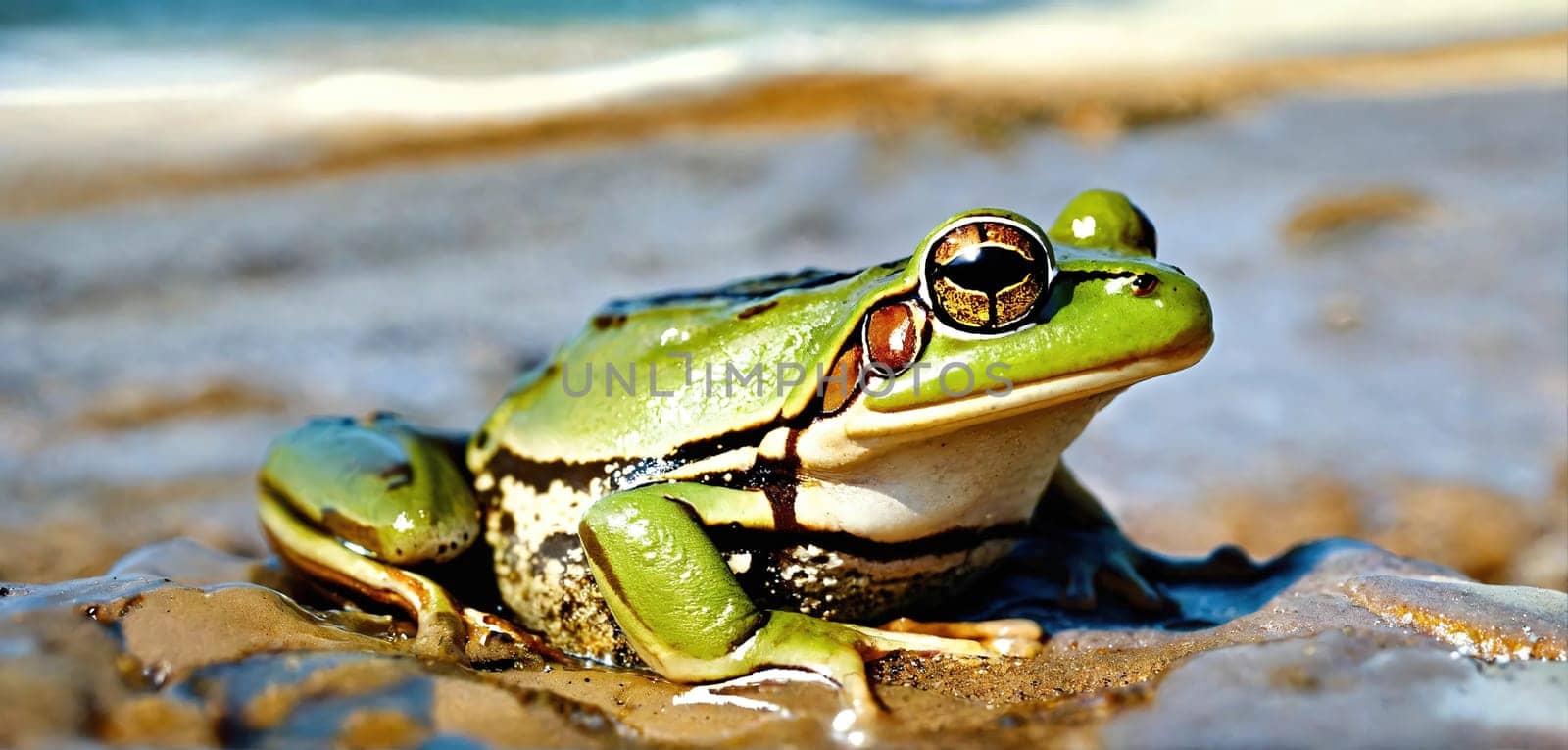 Green frog on the sea beach. Generative AI. High quality photo