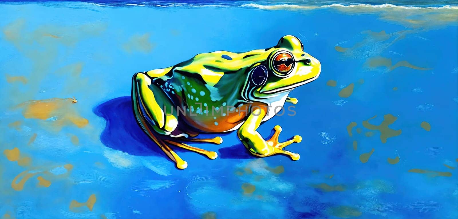Green frog on the sea beach. Generative AI by gordiza