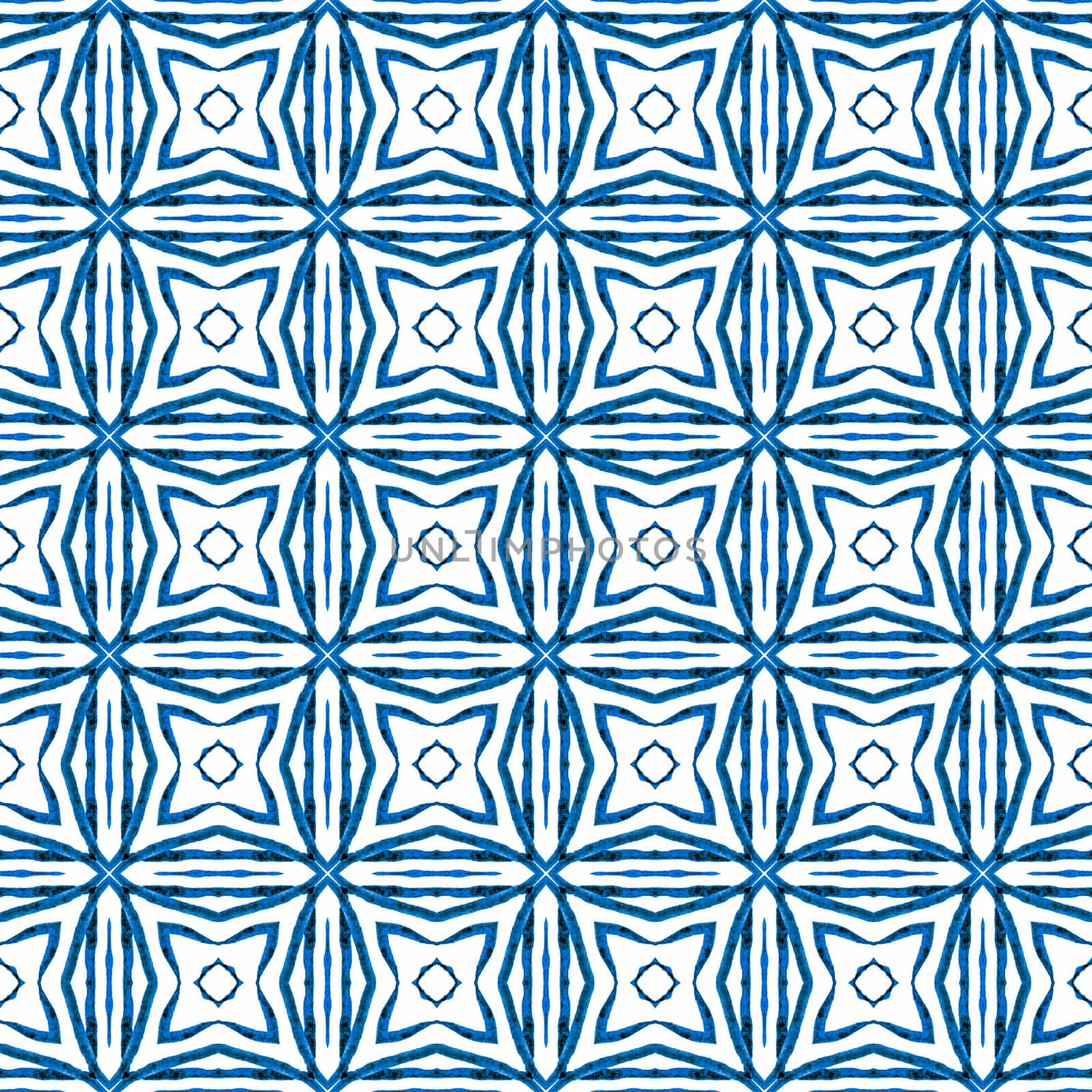 Ikat repeating swimwear design. Blue emotional boho chic summer design. Textile ready exquisite print, swimwear fabric, wallpaper, wrapping. Watercolor ikat repeating tile border.