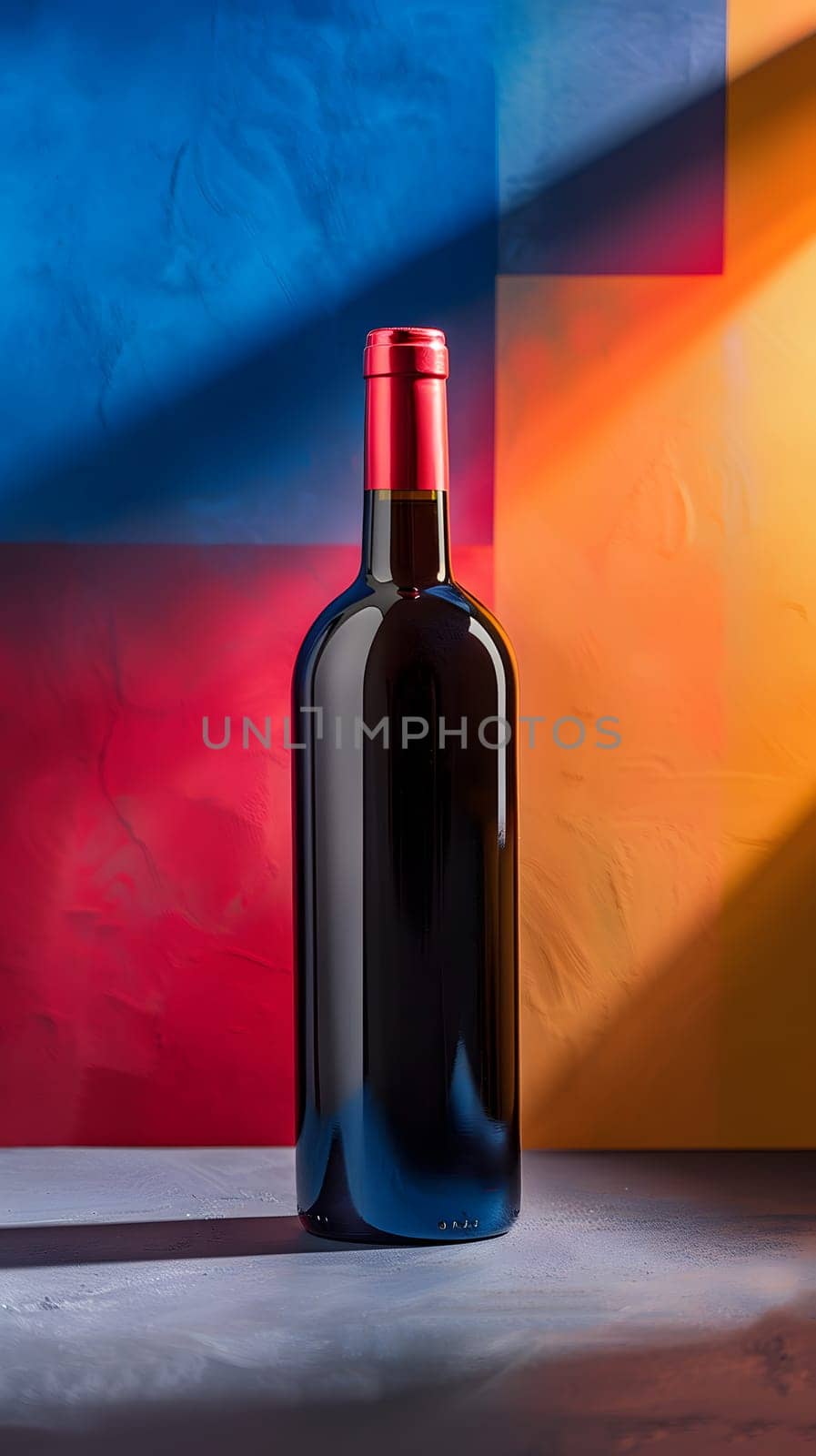 A glass bottle of red wine with a cork stopper is on a table, against a colorful background. The cylindershaped drinkware contains a delicious liquid ready to be enjoyed