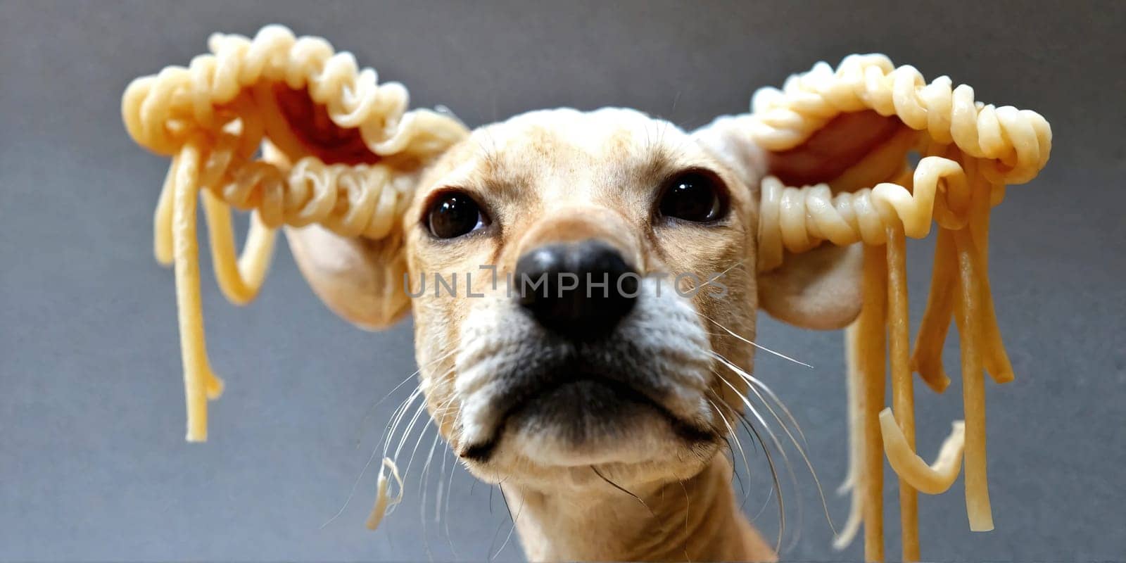 Noodles on the dog's ears. Generative AI. High quality photo