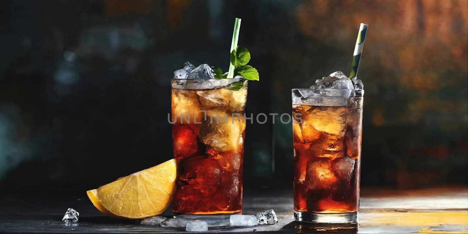 Cocktail with ice and straw. Generative AI. High quality photo