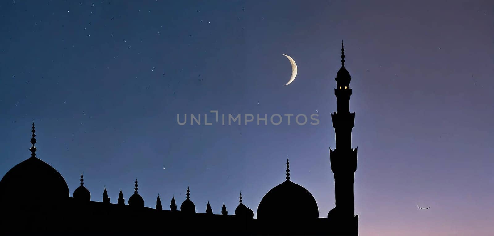Silhouette of an oriental palace against the backdrop of a crescent moon. Generative AI. High quality photo