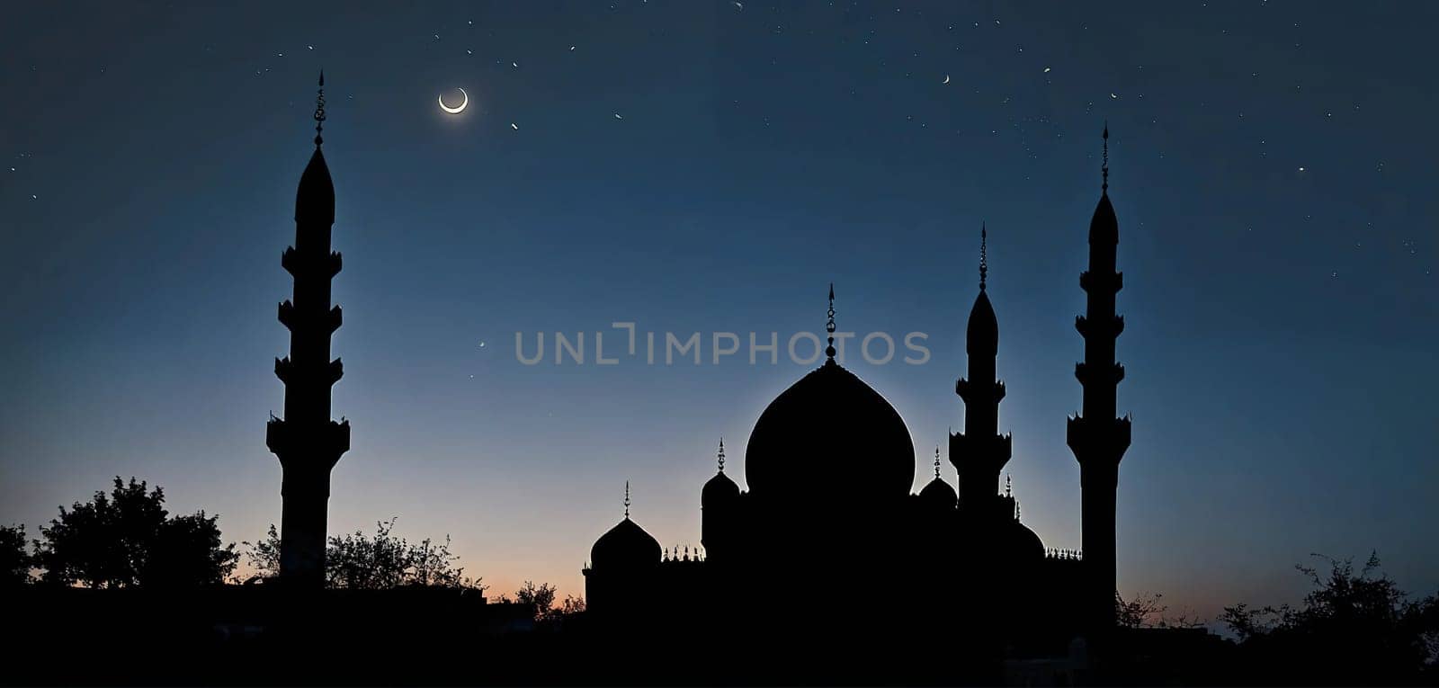 Silhouette of an oriental palace against the backdrop of a crescent moon. Generative AI. High quality photo