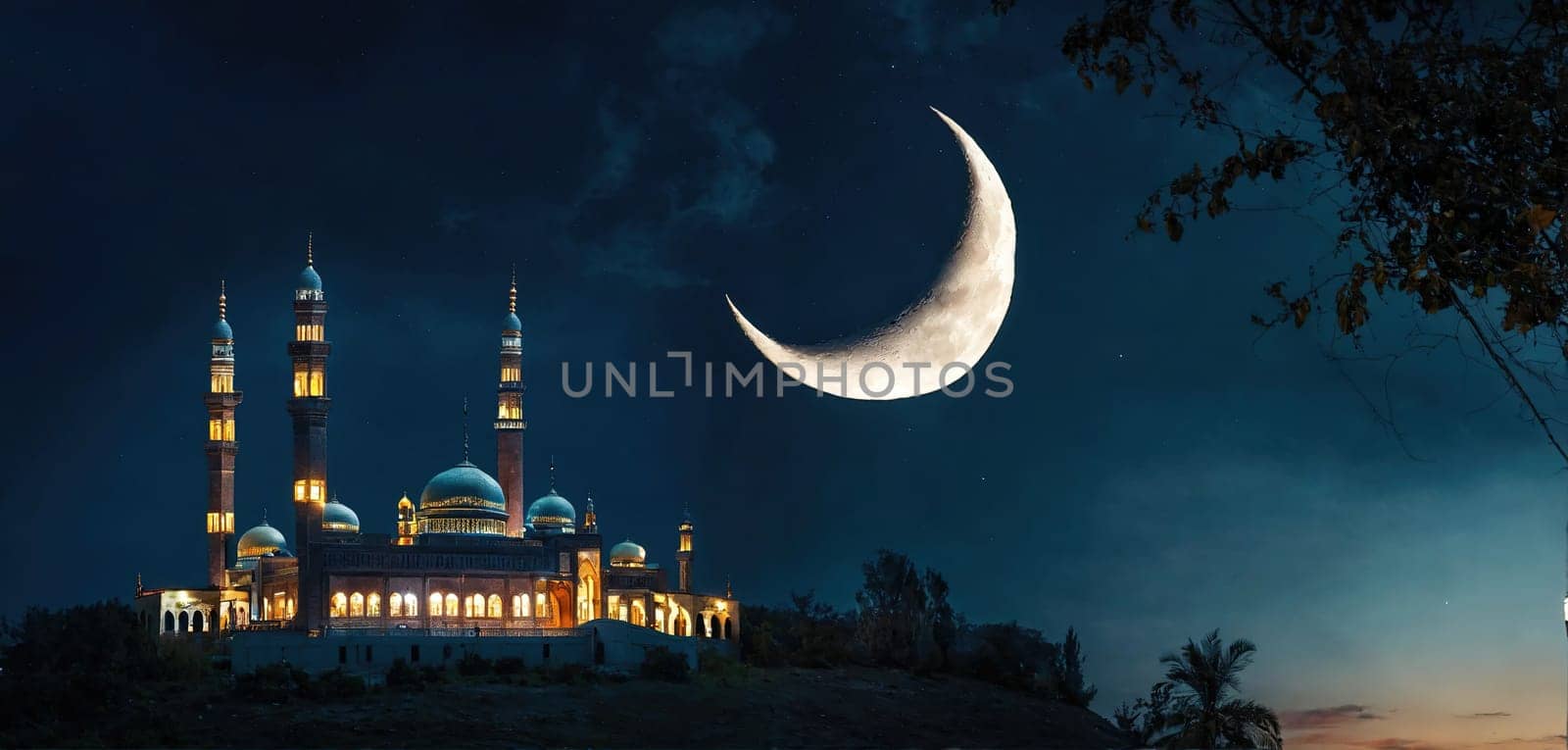 Silhouette of an oriental palace against the backdrop of a crescent moon. Generative AI. High quality photo