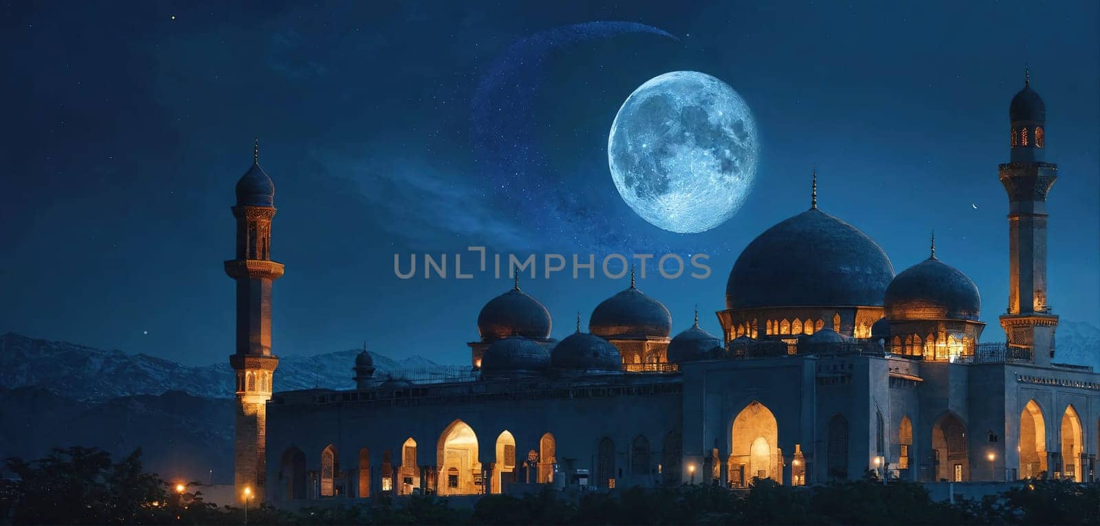 Silhouette of an oriental palace against the backdrop of a crescent moon. Generative AI. High quality photo