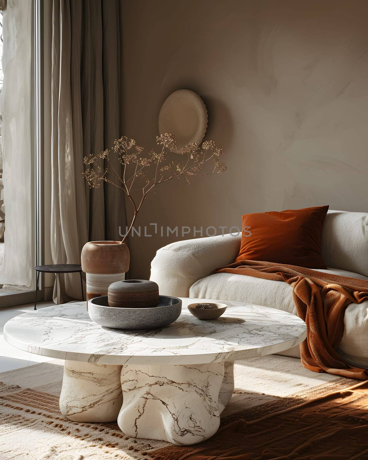 A cozy living room in a house with wooden flooring, featuring a comfortable couch and a coffee table. The interior design includes curtains for added warmth and elegance