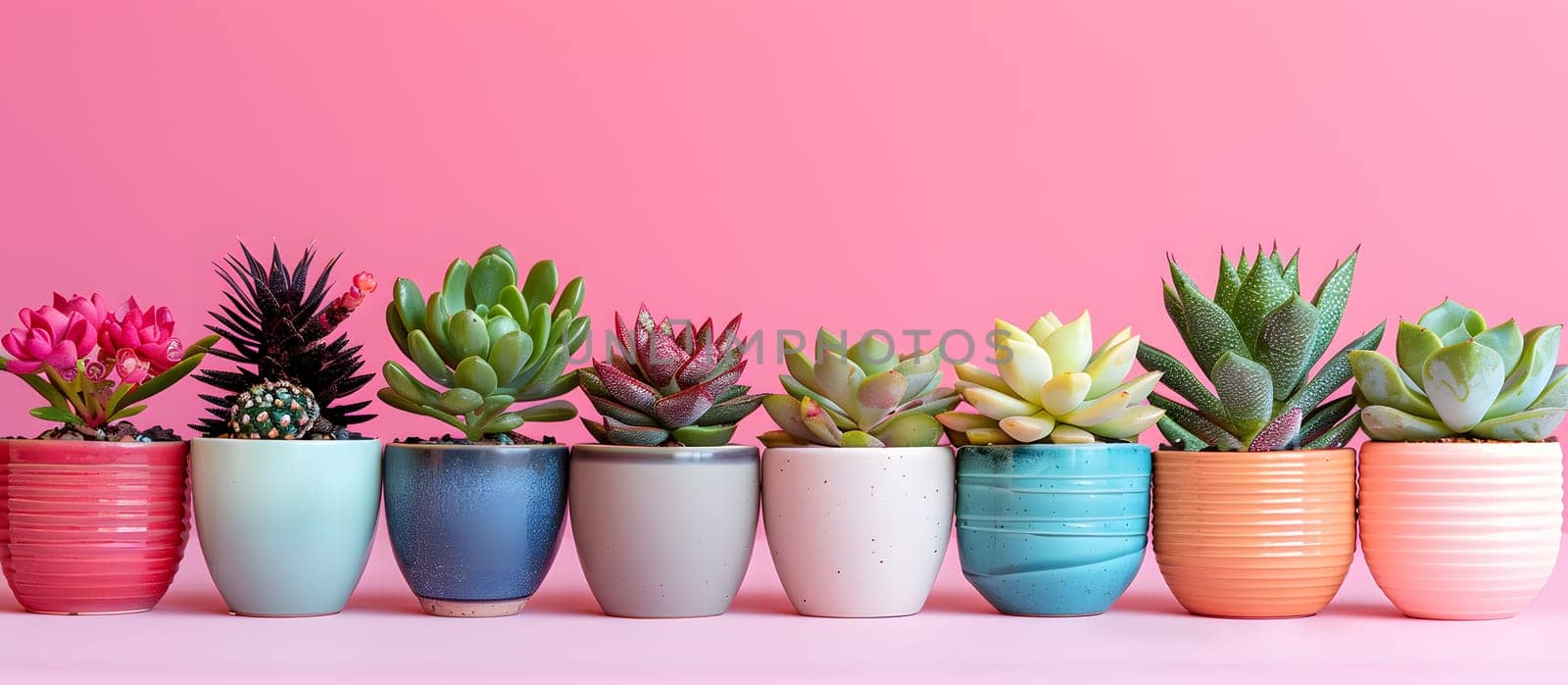 A display of vibrant houseplants in flowerpots, including purple and pink succulents, on a pink background. Adds a pop of color to any table or vase arrangement