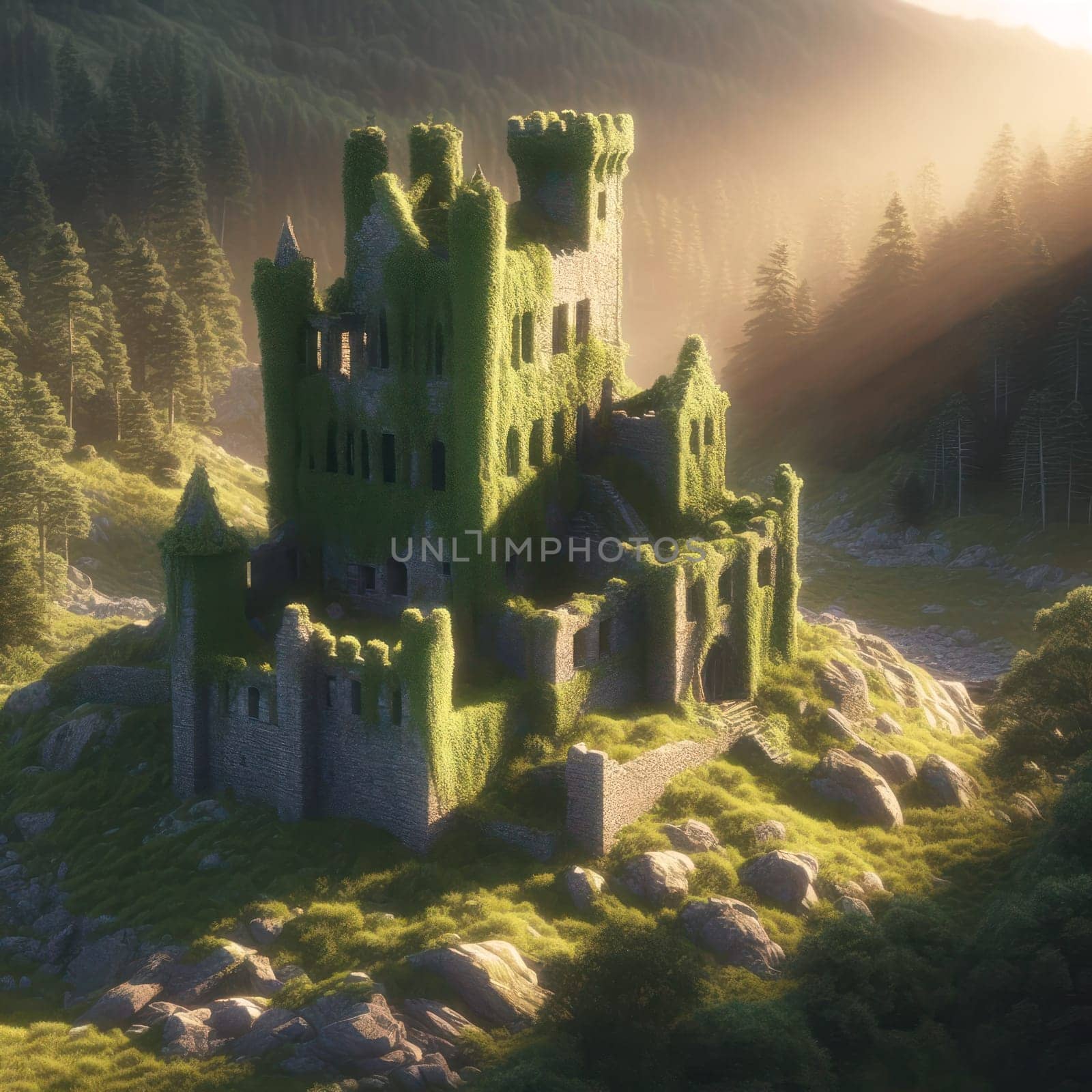 Sunset in Wooded Mountains and Abandoned Castle. AI Generated by Ruckzack