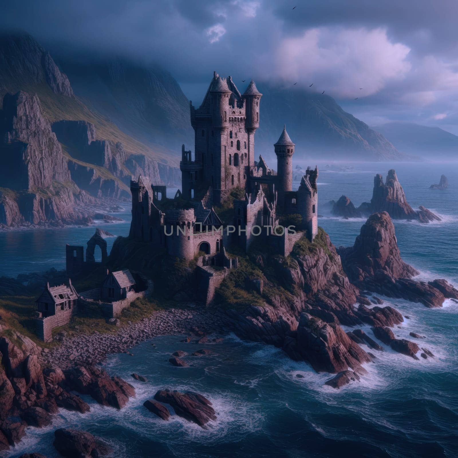 Abandoned Castle on a Rocky Seashore. AI Generated by Ruckzack