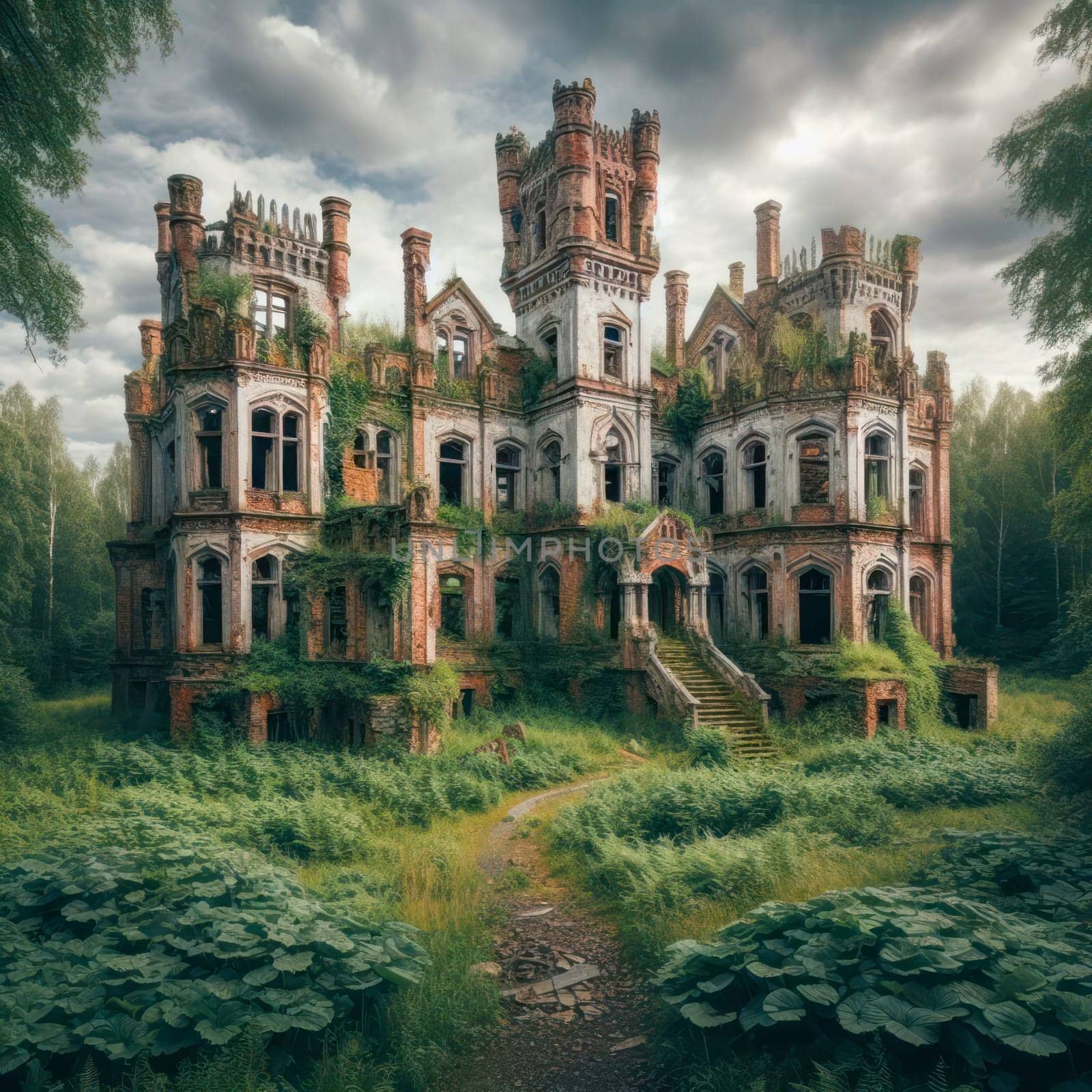 Cloudy day in the summer forest. Overgrown ruins of an old abandoned castle. AI generated