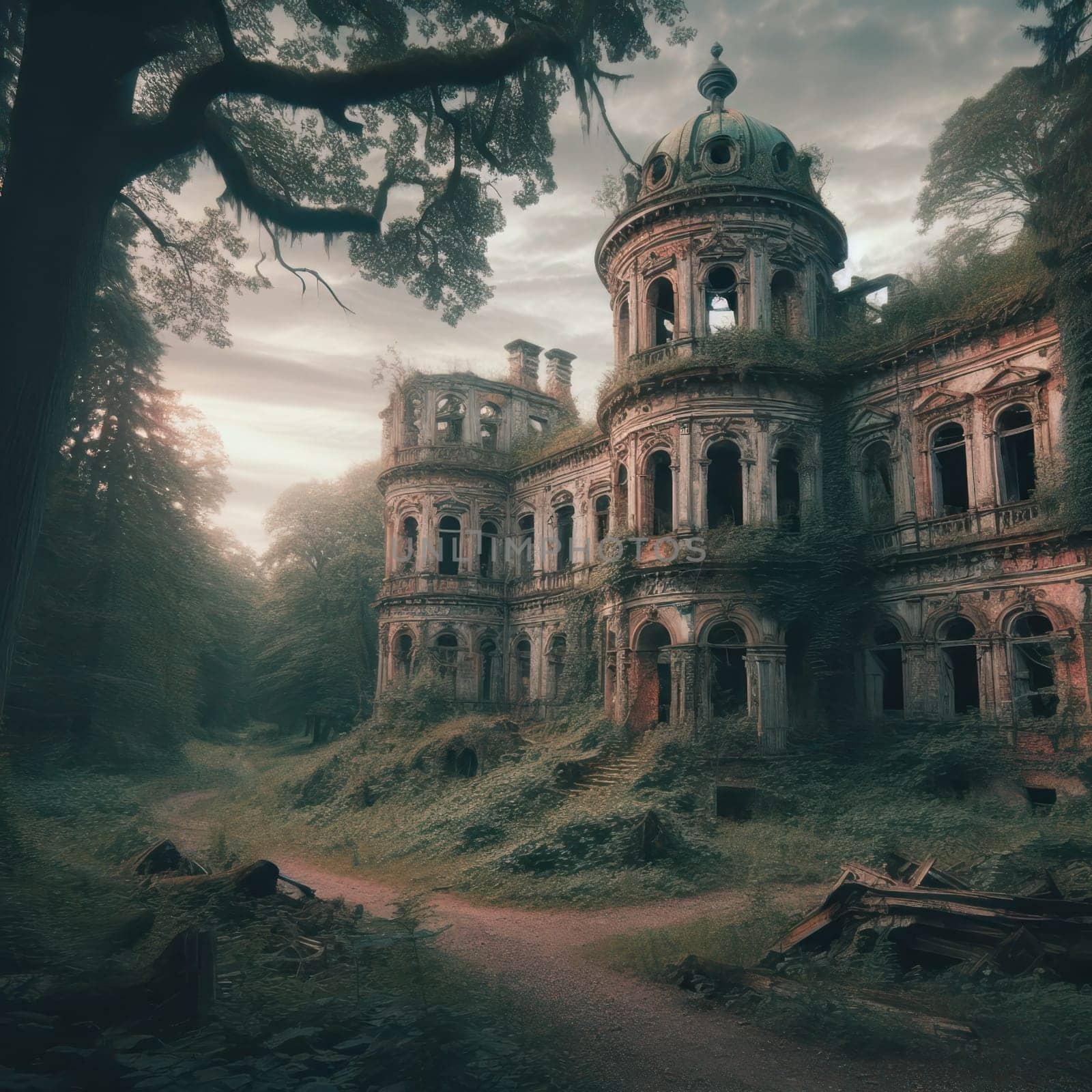 Evening in the summer forest. Ruins of an old abandoned castle. AI generated
