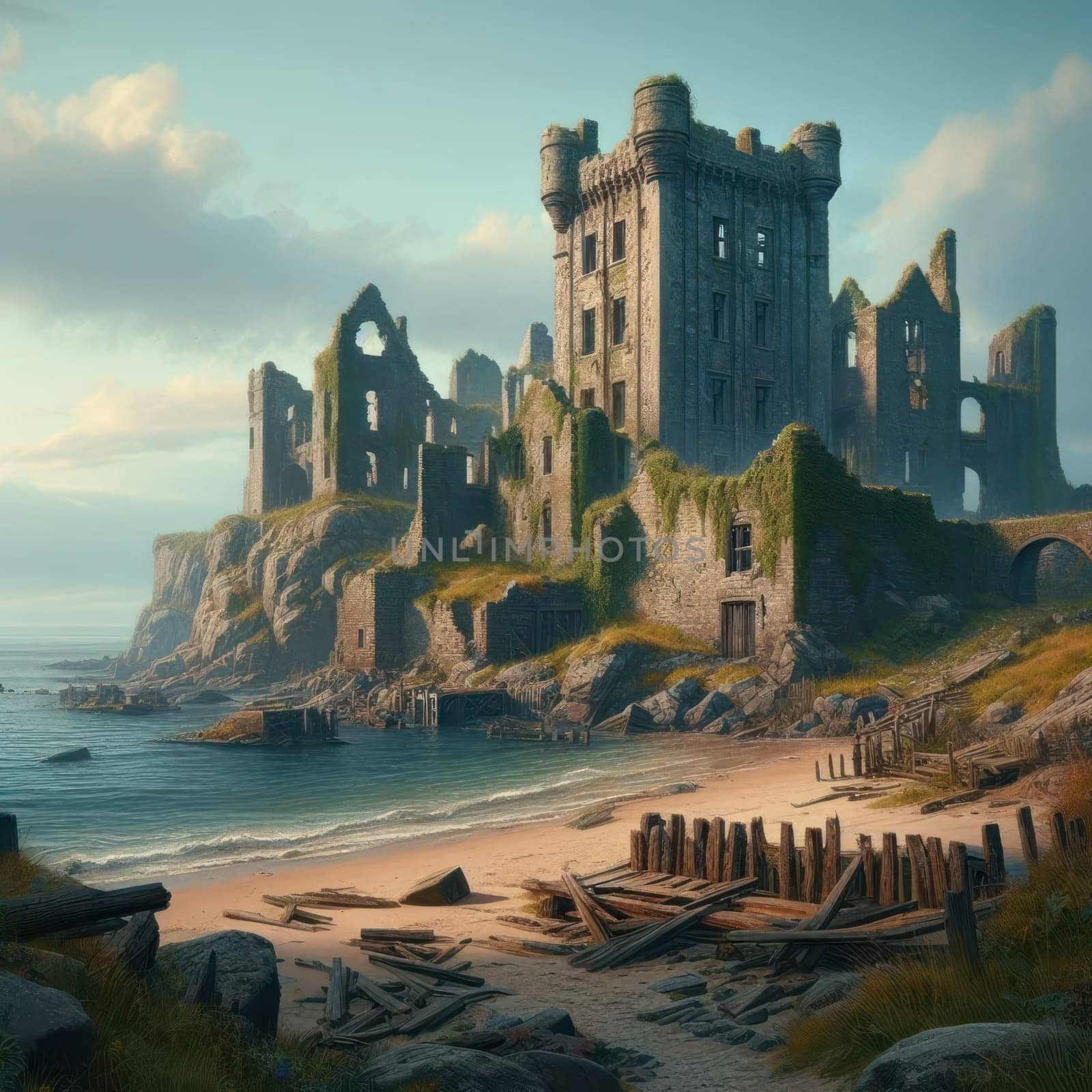 Summer day on the seashore. Old abandoned castle and remains of coastal buildings. AI generated