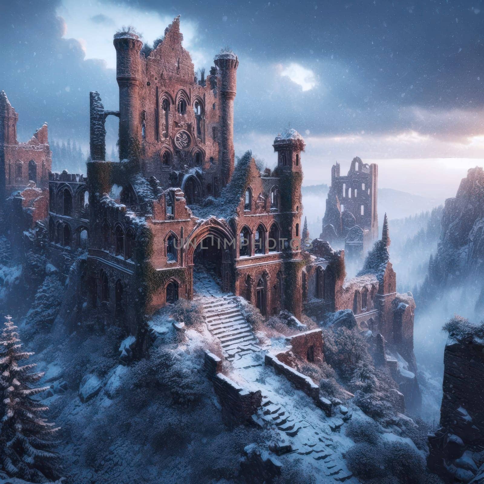 Winter evening in wooded mountains. Old abandoned castle and snowfall. AI generated