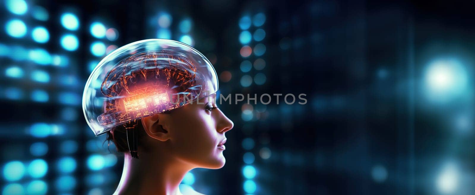 outline of womans head and brain in a transparent capsule with built-in glowing wires and microcircuits, robots similar to humans,mind control and management concept, futuristic future,Genereated AI