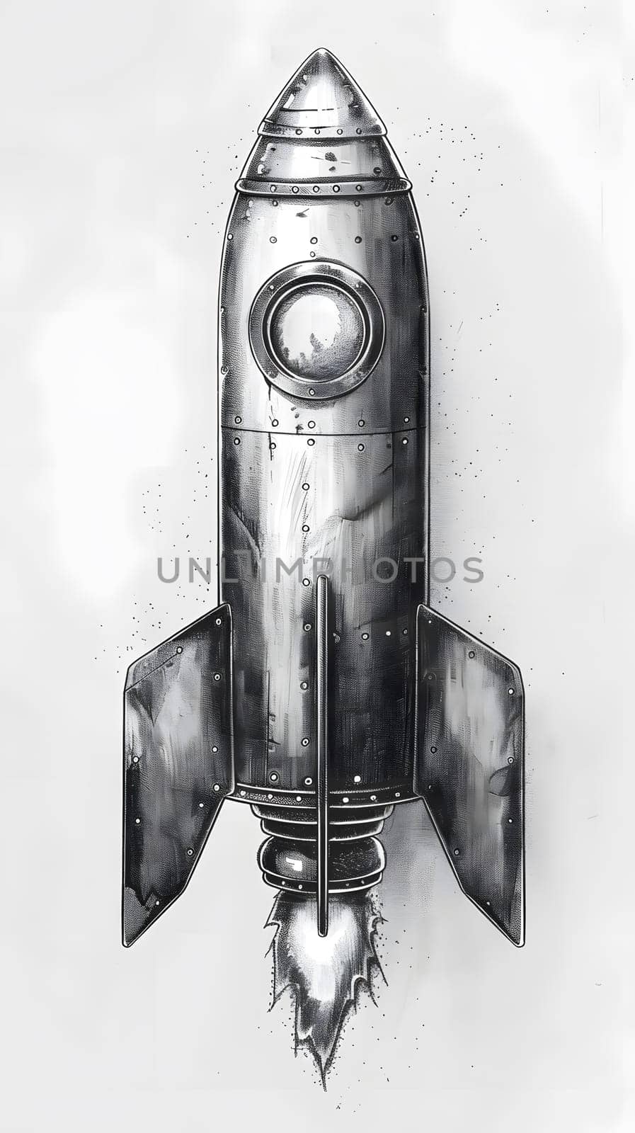 A monochromatic drawing of a sleek rocket on a white background, showcasing intricate details of its titanium cylindrical body. A fusion of automotive lighting and artistic still life photography