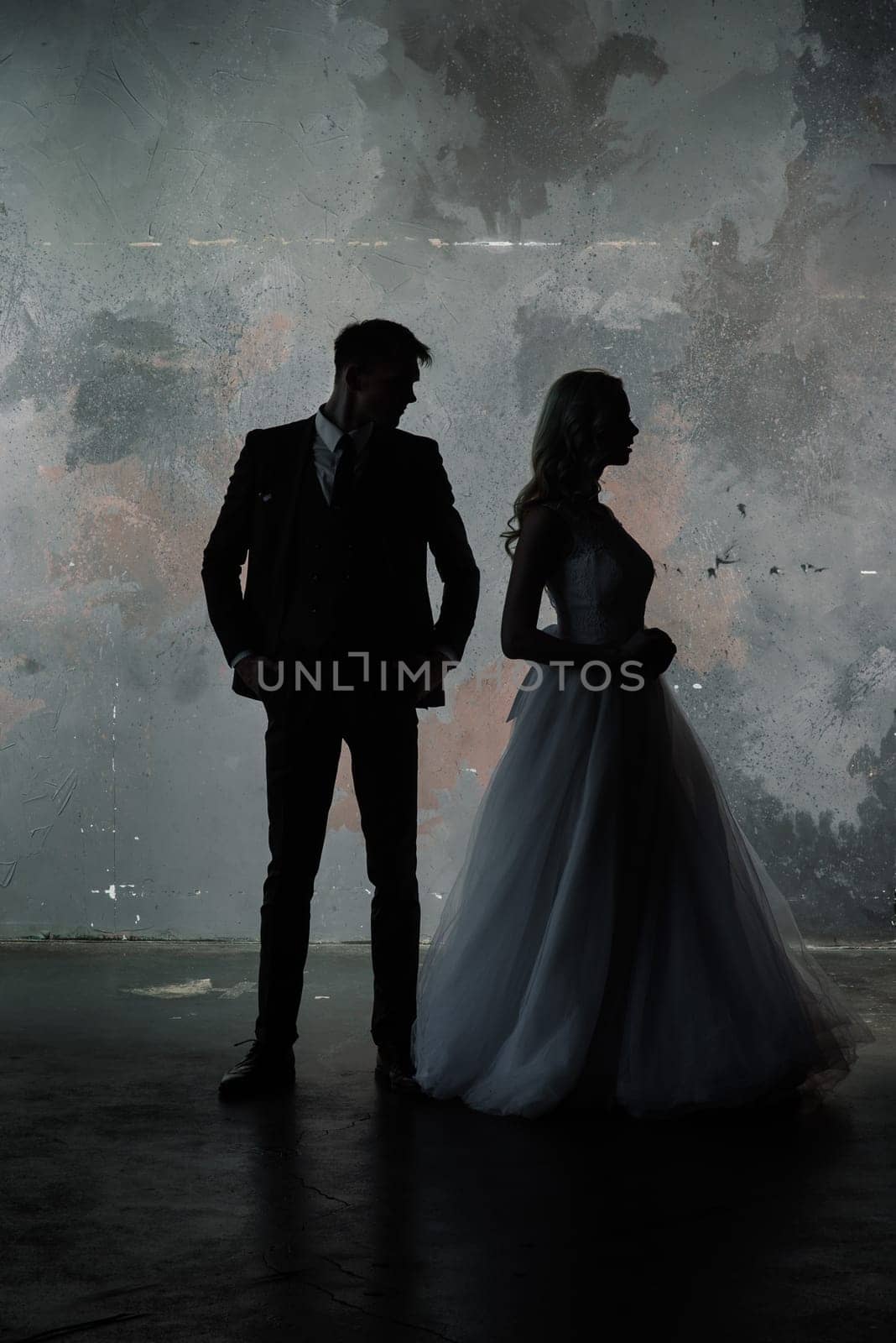 Art fashion studio photo of wedding couple silhouette groom and bride on colors background. by Zelenin