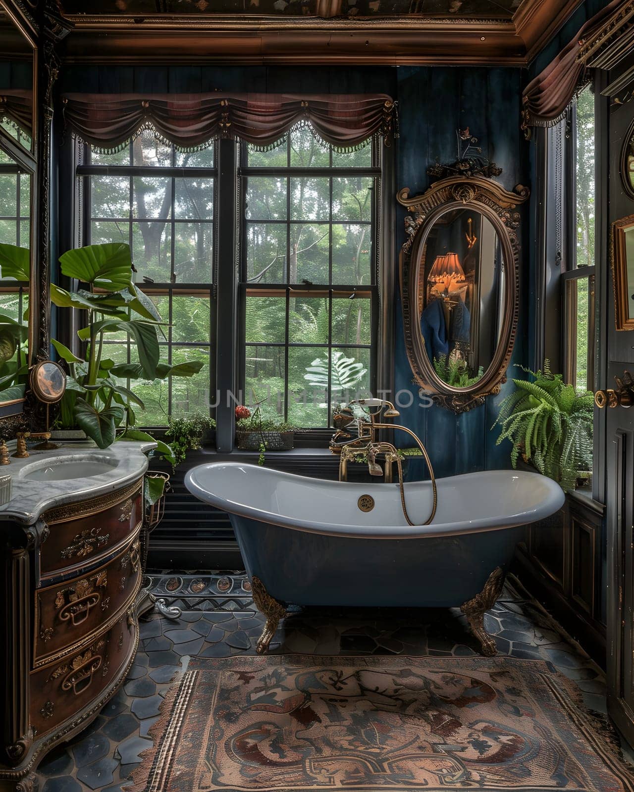 A property with a bathtub, sink, mirror, and window. The wood interior design enhances the house with a touch of art. A plant adds a fresh touch