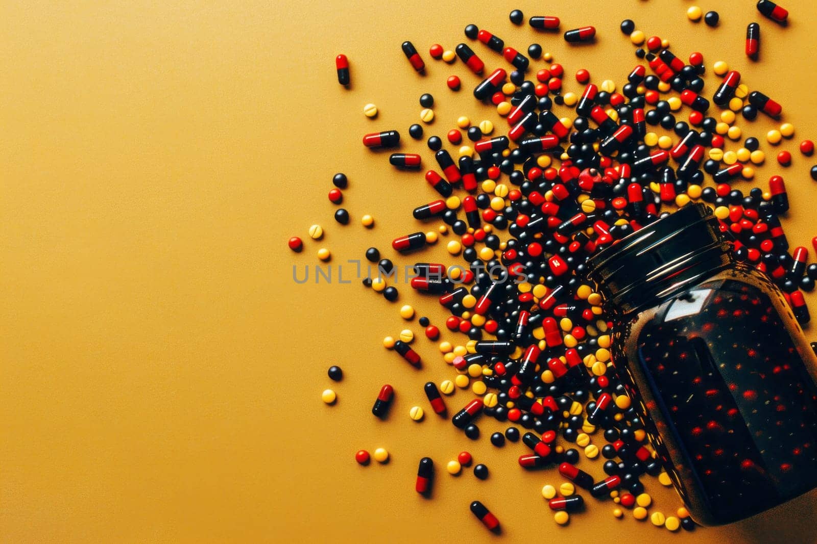 Medicine pills spilled from plastic pill bottle, on orange background. Medicine creative concepts by NataliPopova