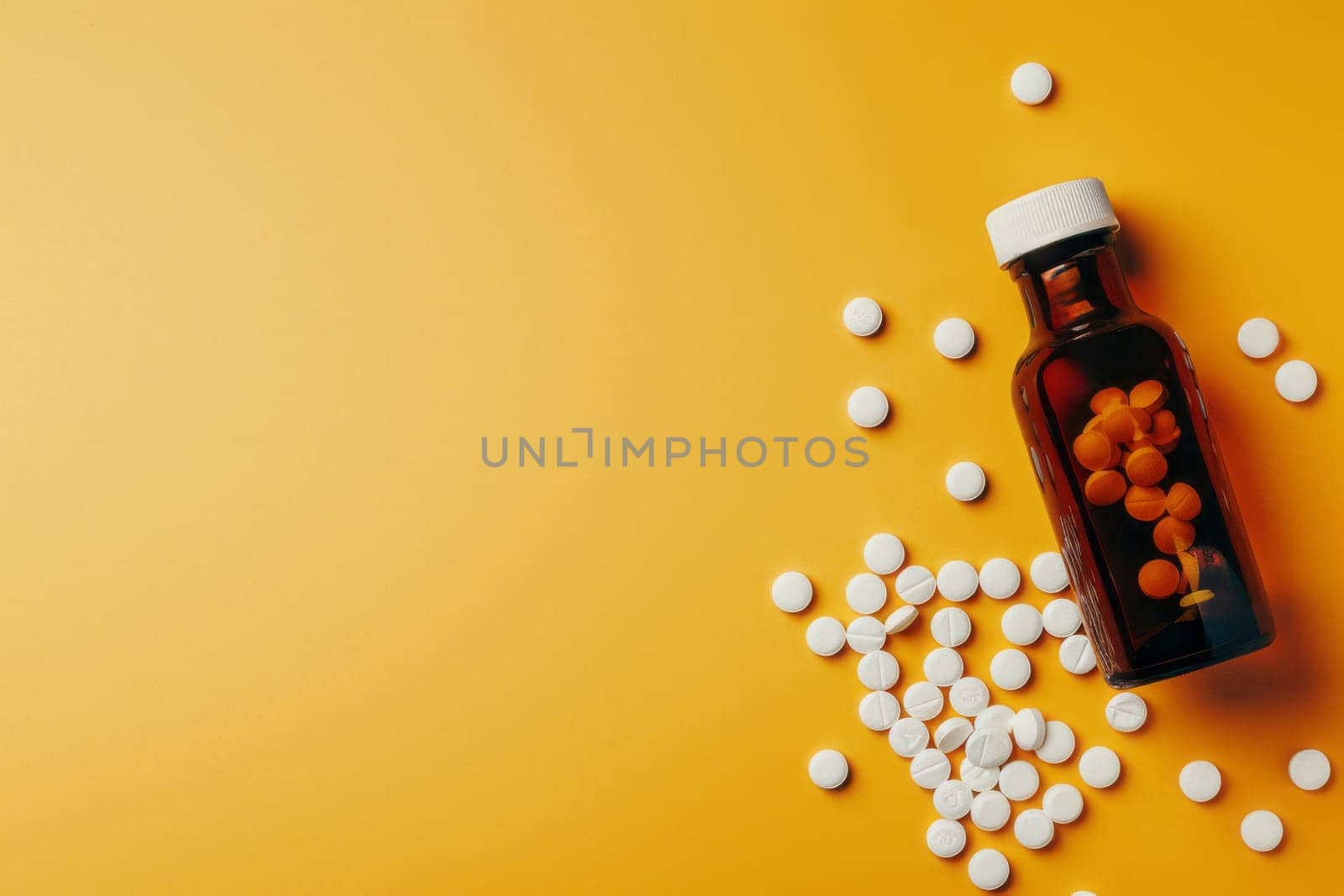Medicine pills spilled from plastic pill bottle, on orange background. Medicine creative concepts. Flat lay top view, copy space. by NataliPopova