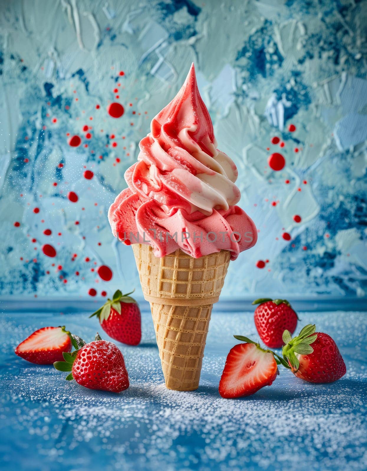 Strawberry ice cream and strawberries on blue background by NataliPopova
