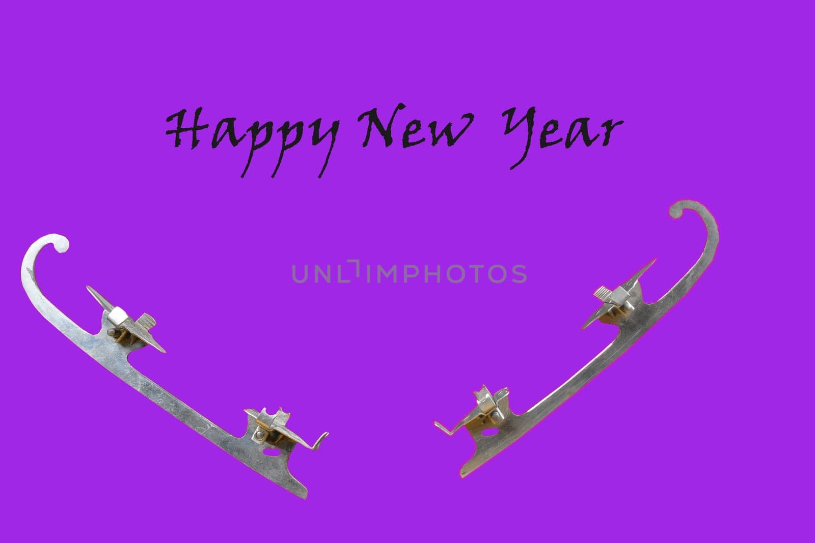 Vintage ice-skate on violet background. Text - Happy New Year. Copy space.