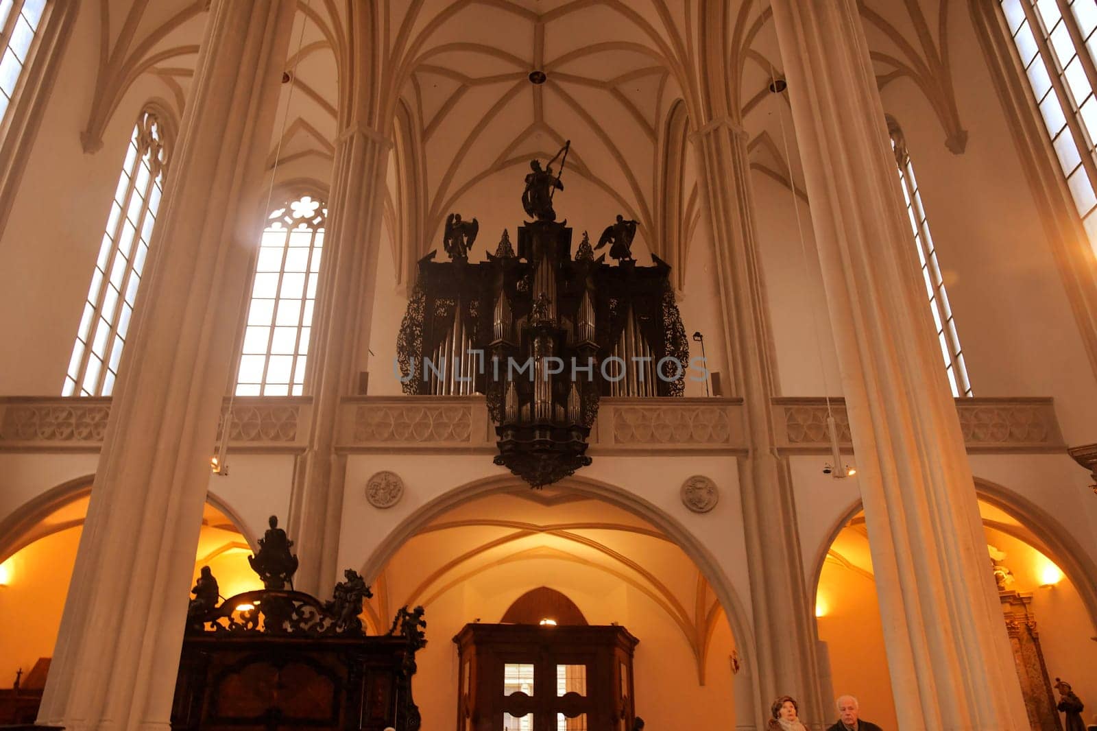BRNO, THE CZECH REPUBLIC - DECEMBER 28, 2018: The Church of St. Jacob the Elder is a late Gothic three-nave hall church located on the Jakub Square in the Brno. View on church organ.