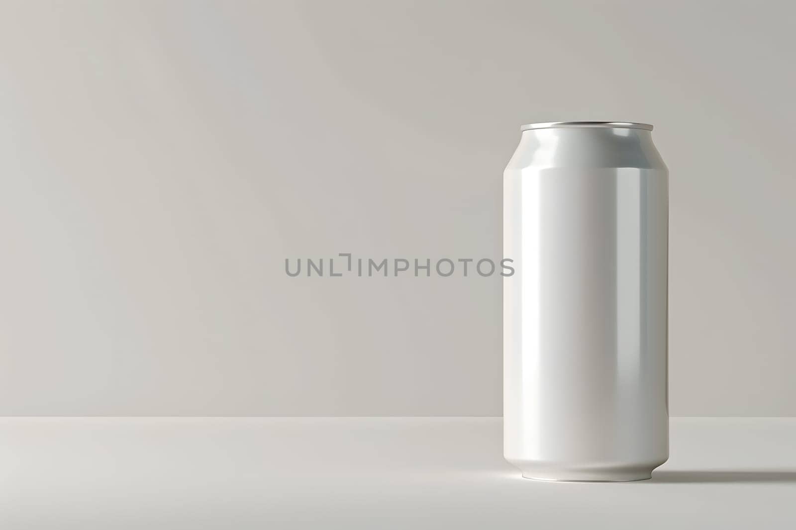 A white plastic bottle of soda is placed on a white table, containing a fizzy liquid inside. The cylindrical container is made of aluminium and emits gas when opened