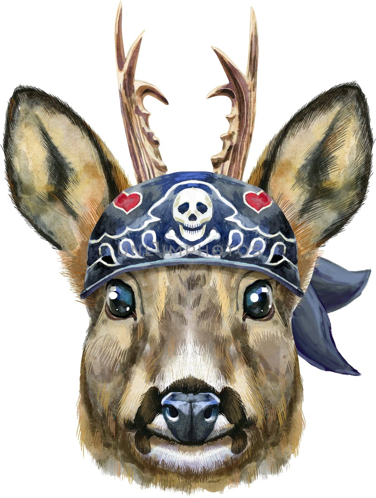 Watercolor drawing of the animal - roe deer in black bandana with scull, sketch