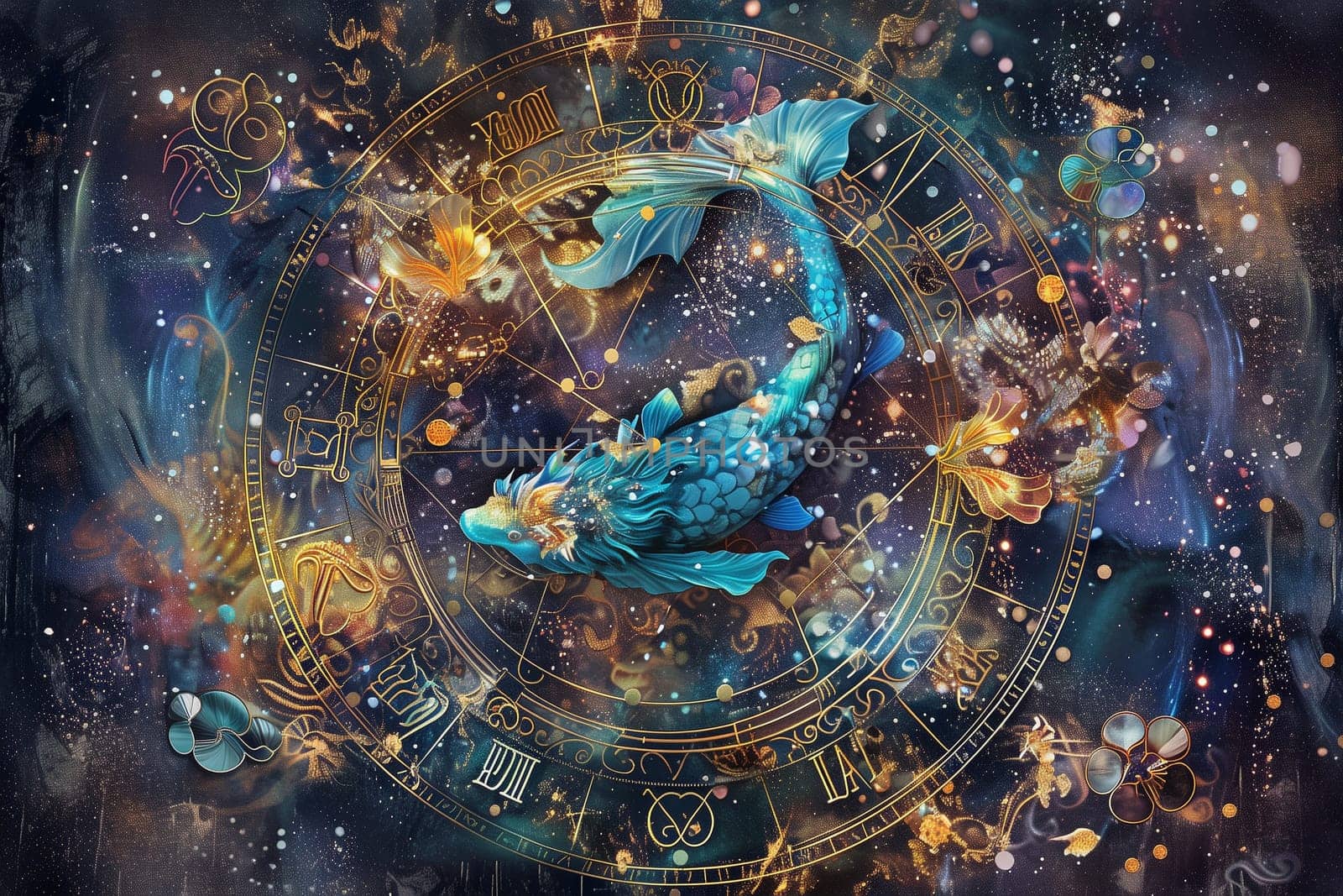 A circular painting featuring a fish swimming within its confines. The intricate details of the fish are highlighted against a simple background. Zodiac Sign