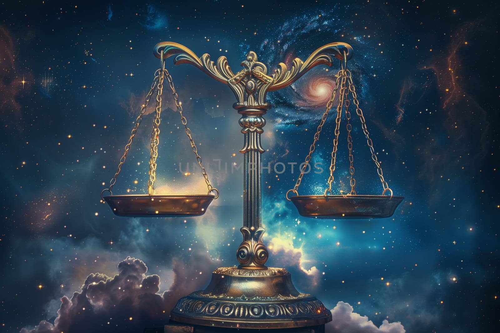 The Libra zodiac sign appears in the sky surrounded by swirling clouds, creating a mystical and heavenly scene.