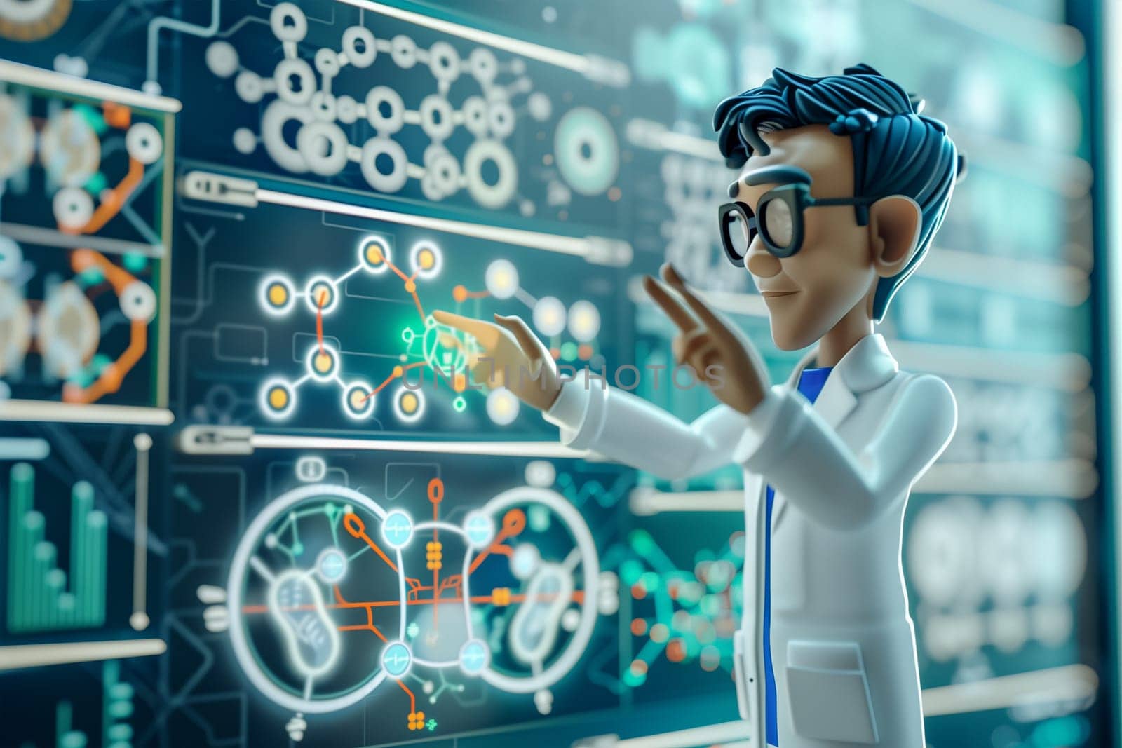 A male scientist in a lab coat pointing at a screen displaying data and graphs while working in a laboratory.