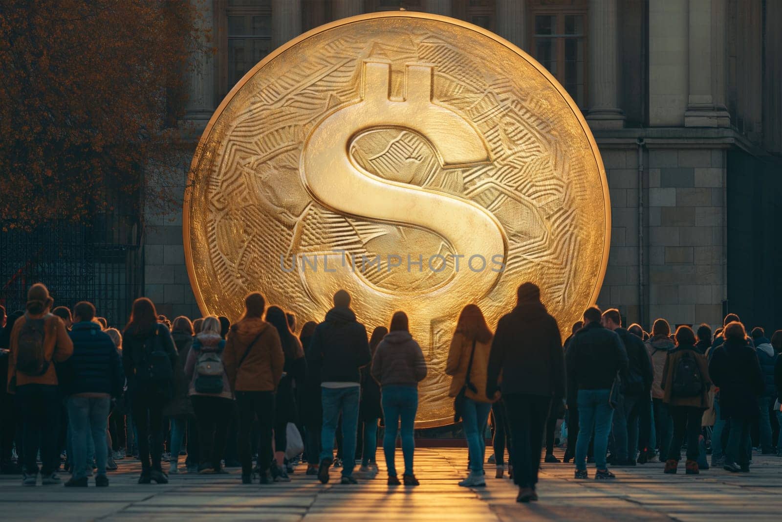 A large golden dollar sign stands prominently in front of a diverse crowd of people, symbolizing wealth and financial success.